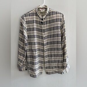 Talbots 100% Silk Vintage Plaid Button-Up Shirt Made in Hong Kong Navy and Cream